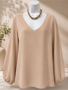 Qearal - V-Neck Balloon Sleeve Blouse - Beige